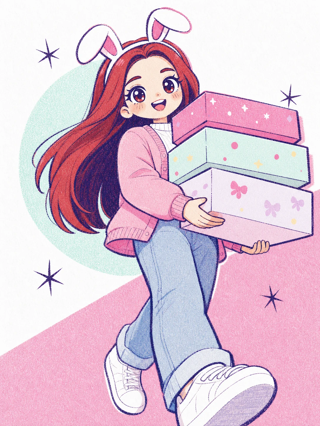 Erika feliz sosteniendo cajas de nuevas colecciones kawaii