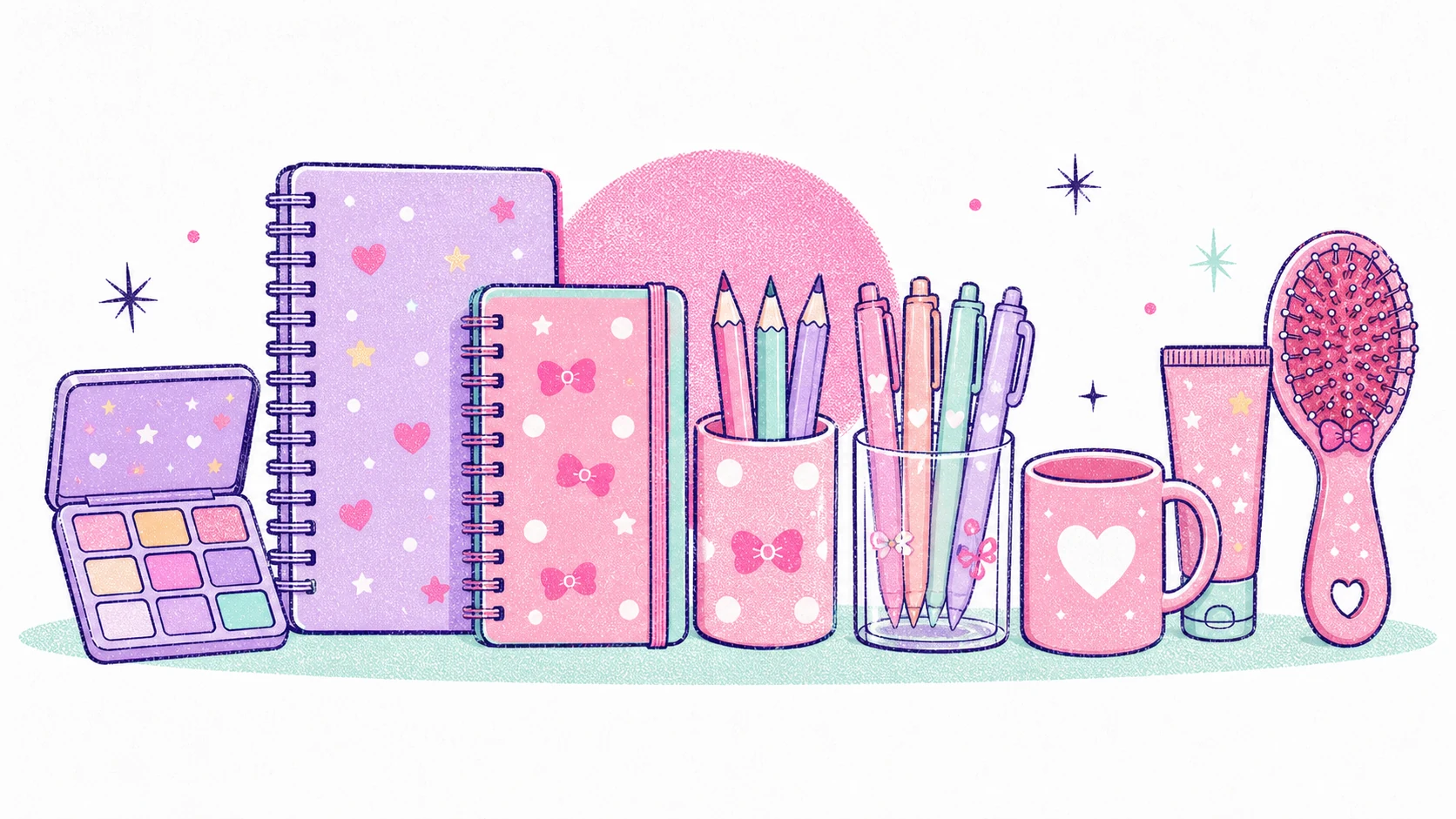 Selección ilustrada de productos kawaii para negocios