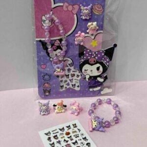 KIT PARA NIÑA KUROMI (PULSERA,3ANILLOS,STICKERS PARA UÑAS)