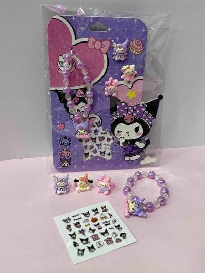 KIT PARA NIÑA KUROMI (PULSERA,3ANILLOS,STICKERS PARA UÑAS)
