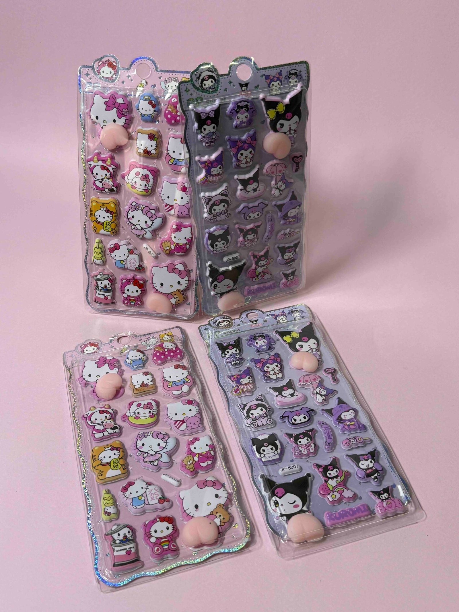 HOJA DE STICKERS COLITA DE GOMA X16 3D KELLO KITTY Y KUROMI