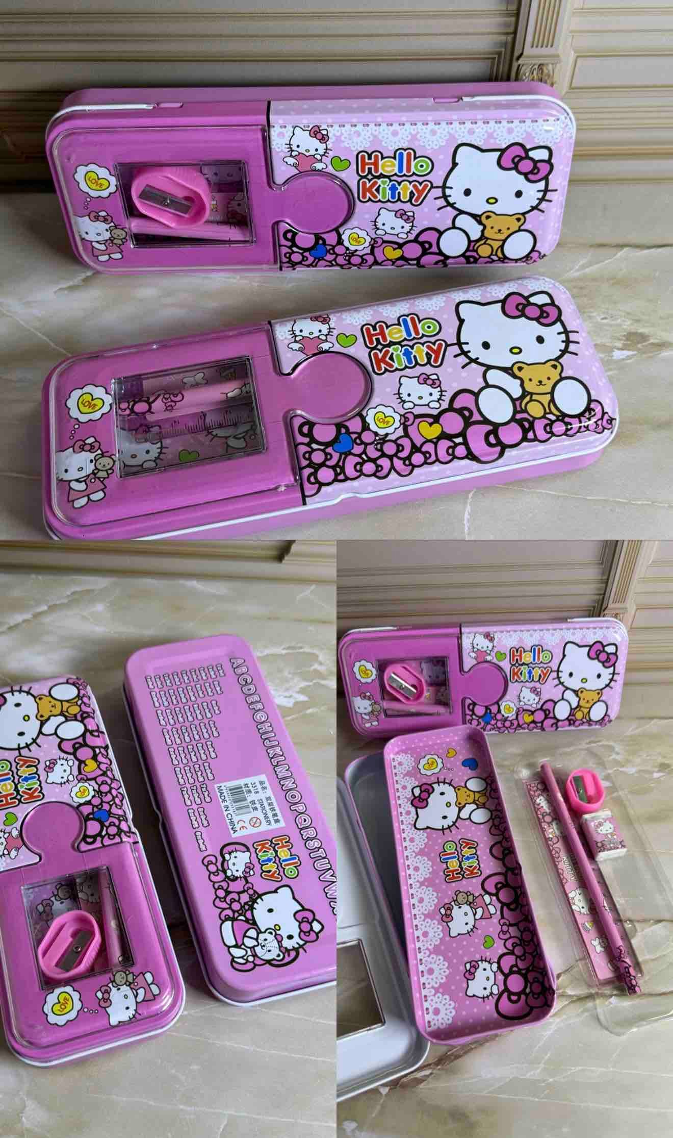 CARTUCHERA METALICA KIT HELLO KITTY CON LAPIZ,BORRADOR,TAJALAPIZ,REGLA