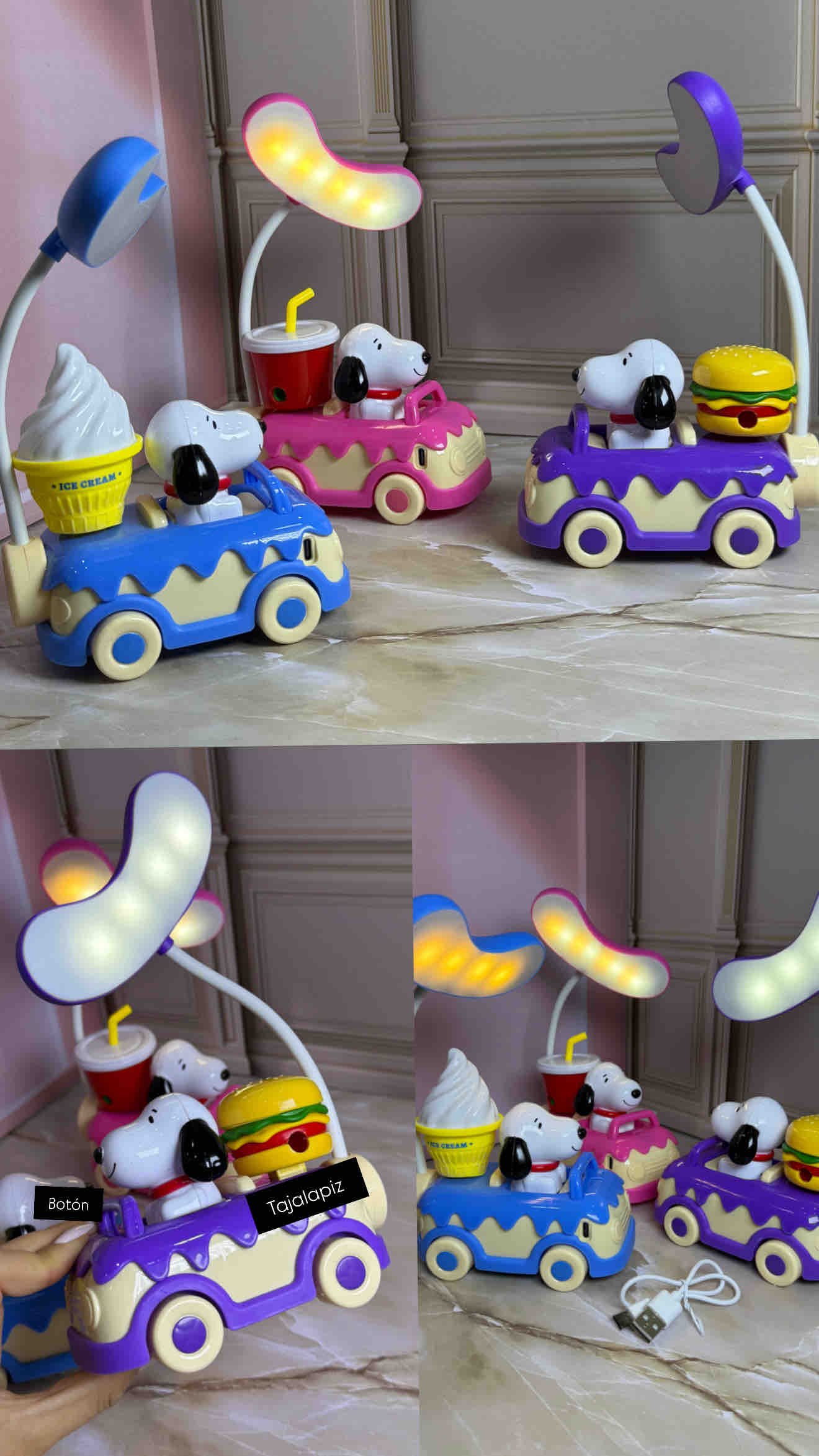 LAMPARA CON TAJALAPIZ SNOOPY CON 3 LUCES DIFERENTES