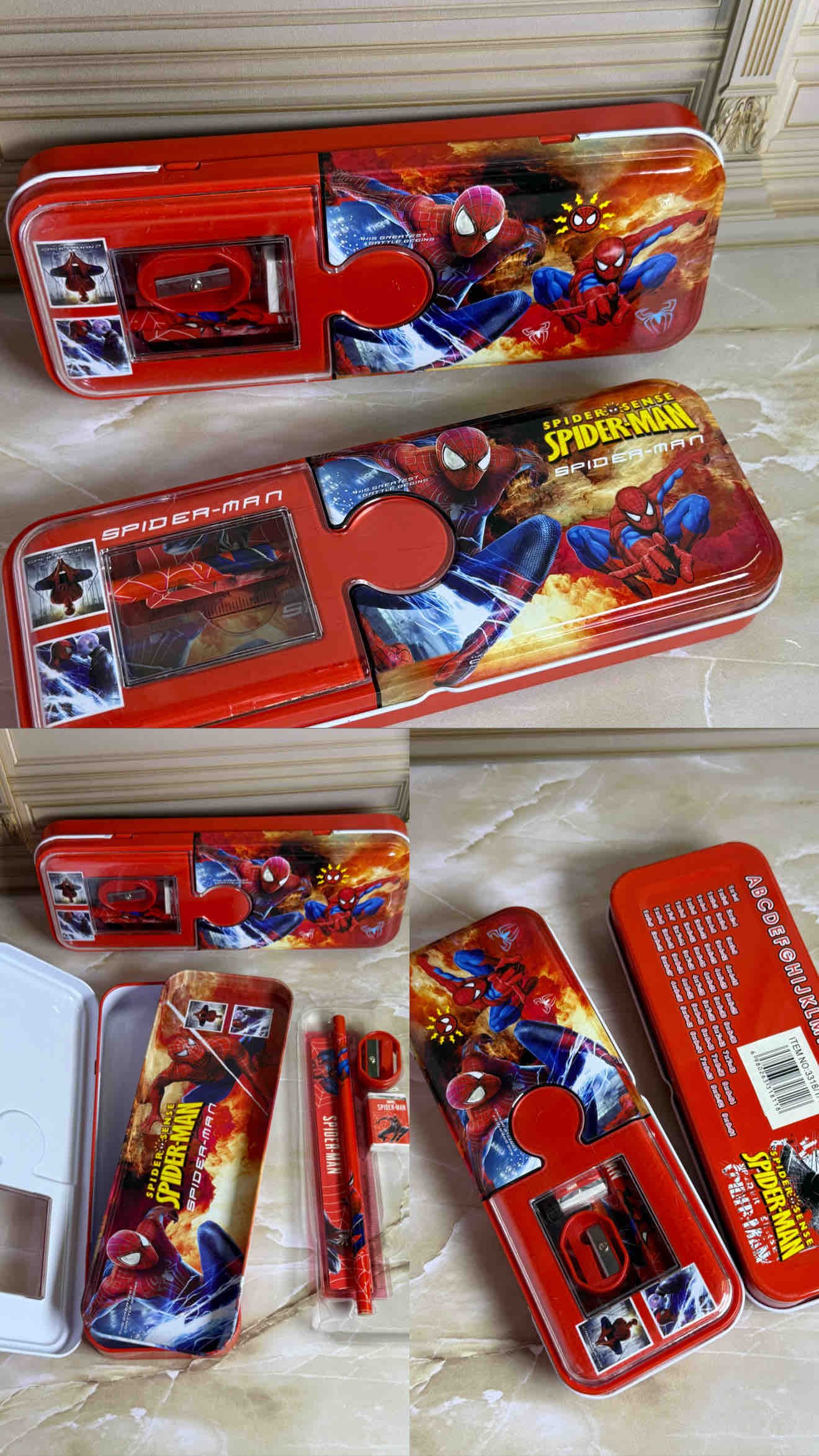 CARTUCHERA METALICA KIT SPIDERMAN CON LAPIZ,BORRADOR,TAJALAPIZ,REGLA