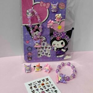 KIT PARA NIÑA KUROMI (PULSERA,3 ANILLOS,STICKERS PARA UÑAS)